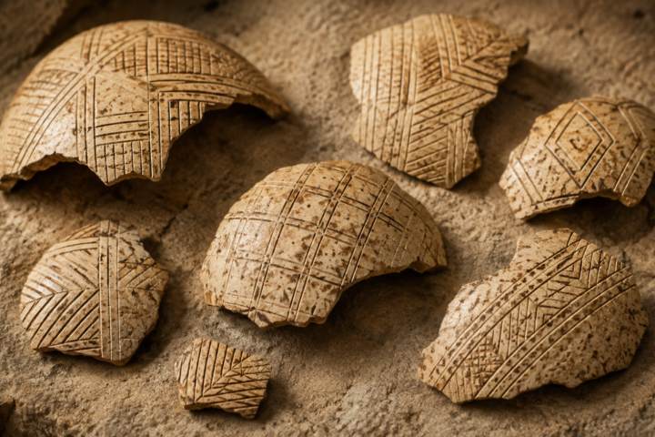 Author-generated illustration inspired by the engraved ostrich eggshell patterns described in the study. This is not a photograph of an actual archaeological artifact.
