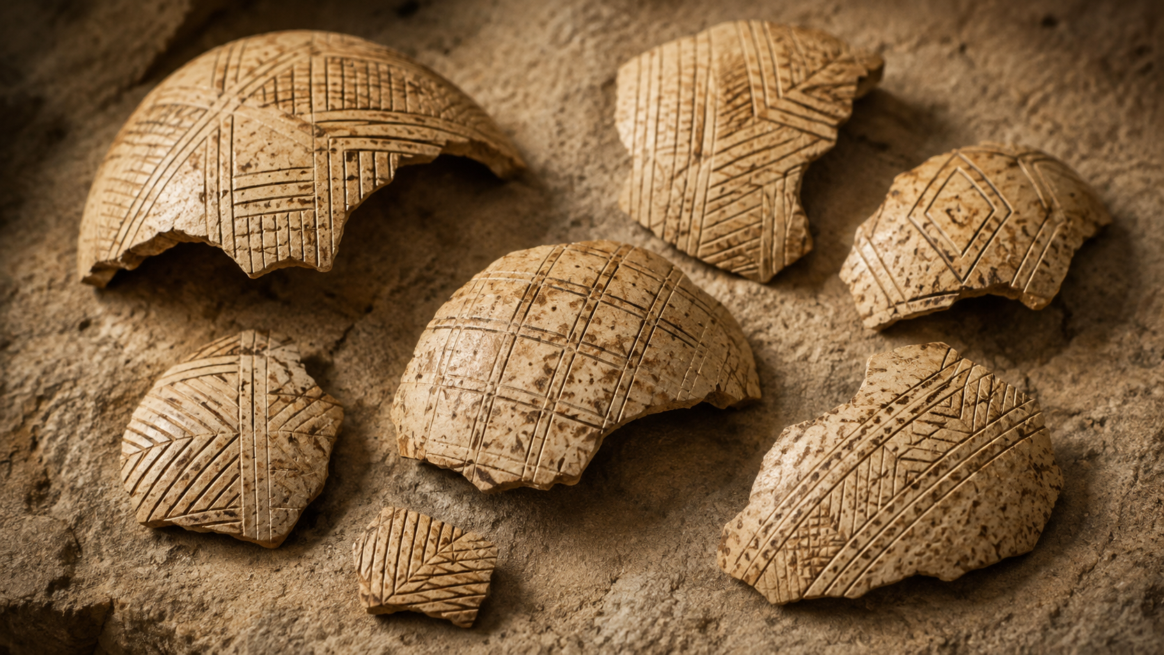 Author-generated illustration inspired by the engraved ostrich eggshell patterns described in the study. This is not a photograph of an actual archaeological artifact.