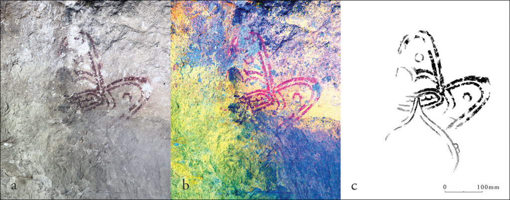 Glyph 1: a) photograph; b) YUV-based BlacK (YBK) colourspace enhancement in DStretch; c) drawing.