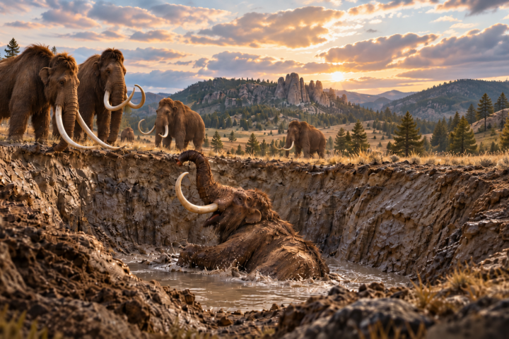 Artist’s reconstruction of mammoths at the ancient Hot Springs sinkhole in South Dakota. Visualization created by the author based on the study.