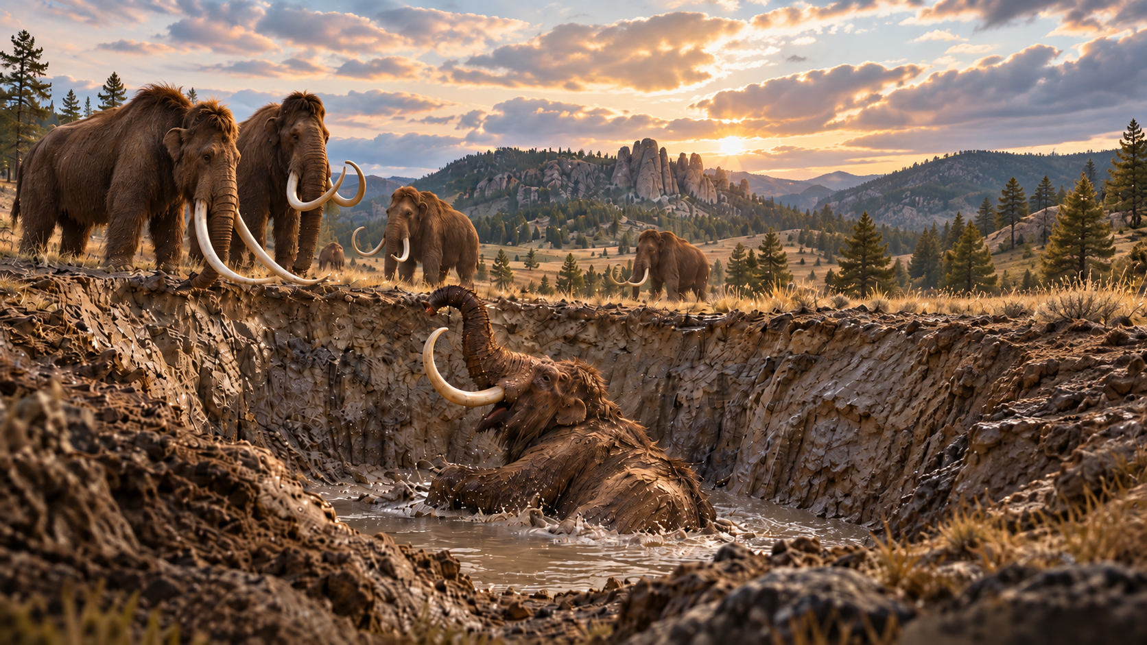 Artist’s reconstruction of mammoths at the ancient Hot Springs sinkhole in South Dakota. Visualization created by the author based on the study.
