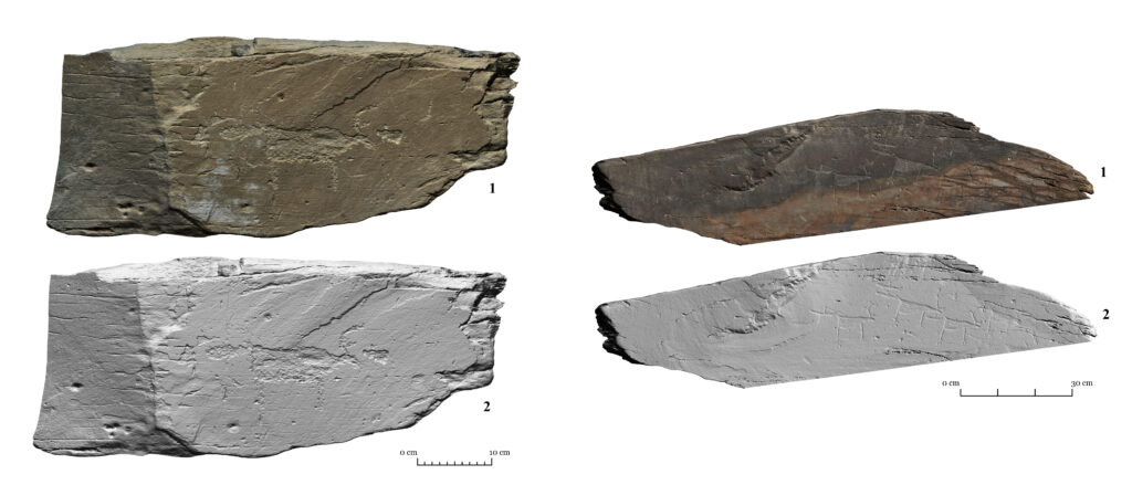 3D models of Pegtymel petroglyph surfaces displayed with textured and untextured views.