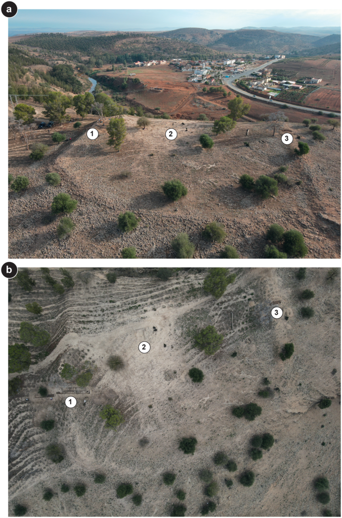 Drone views of the fortified spur at Oued Beht, showing the main excavation trenches and defensive structures, with Aït Siberne in the background. 