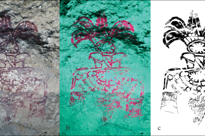 Cave 19 Glyph 2 showing a beaded necklace, garment and atlatl dart interpreted as a Teotihuacan warrior title.