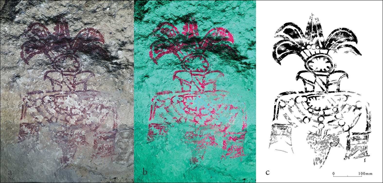 Cave 19 Glyph 2 showing a beaded necklace, garment and atlatl dart interpreted as a Teotihuacan warrior title.