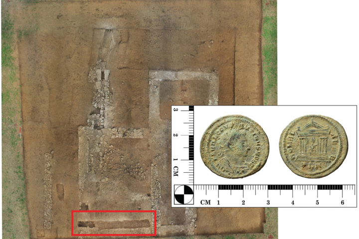 Aerial photograph of excavated walls at the Rossett Roman villa in North Wales, with an inset showing both sides of a Roman coin discovered in the wall's backfill.