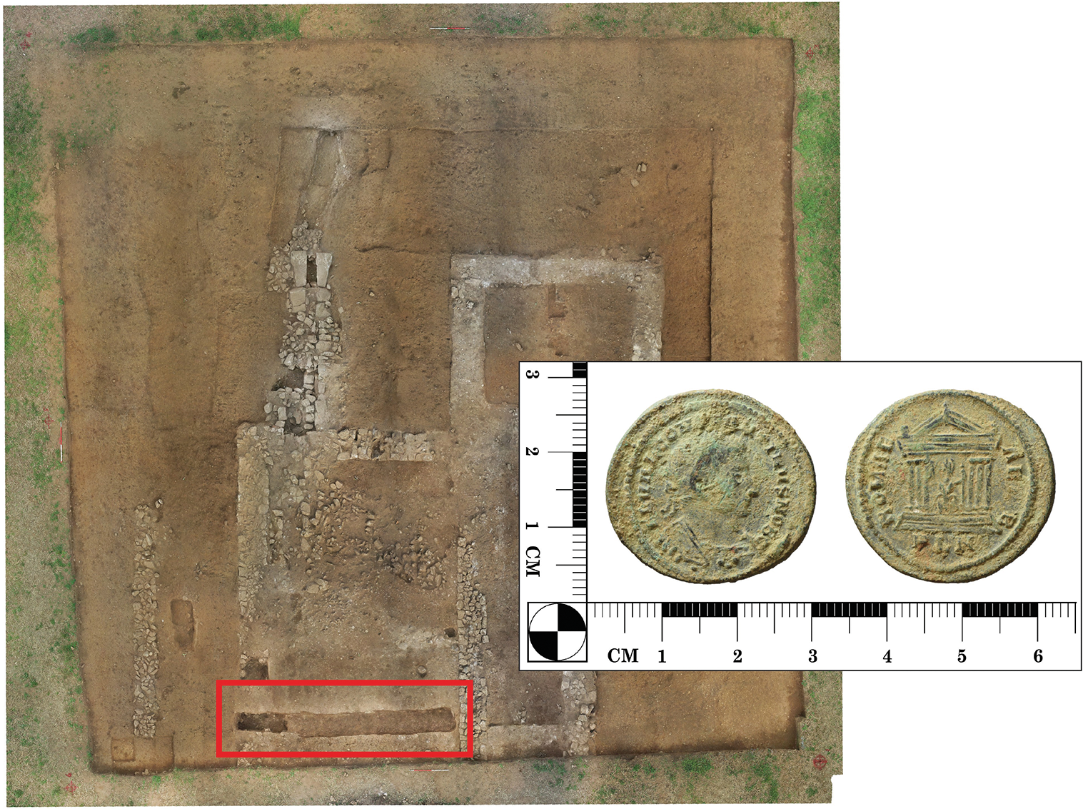 Aerial photograph of excavated walls at the Rossett Roman villa in North Wales, with an inset showing both sides of a Roman coin discovered in the wall's backfill.
