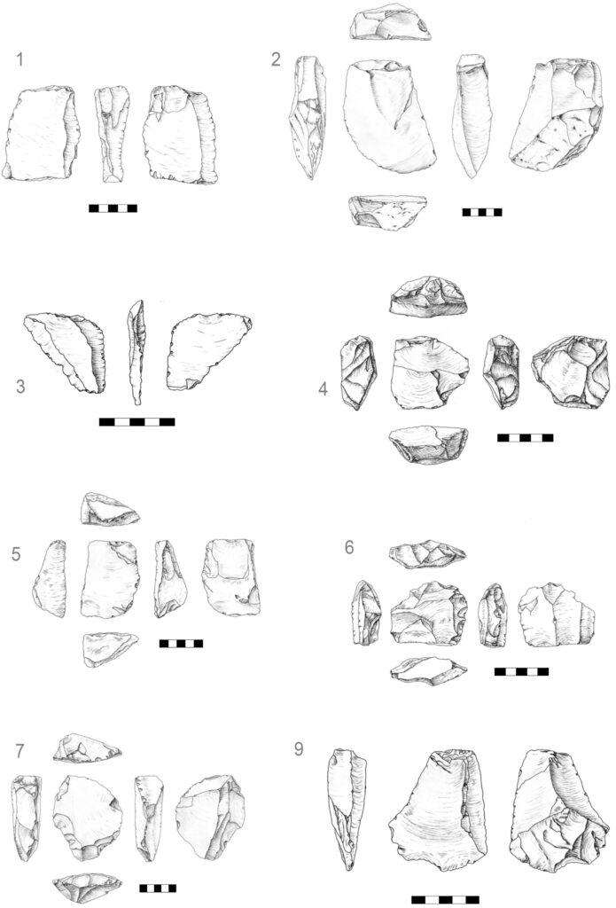 
Collection of prehistoric stone artefacts from the submerged WH2 site in Flying Foam Passage, displayed with centimetre scales.