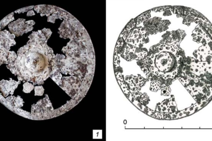 The rare Mongol-era iron shield from the Khakass-Minusinsk region, shown alongside a reconstruction of its original form.