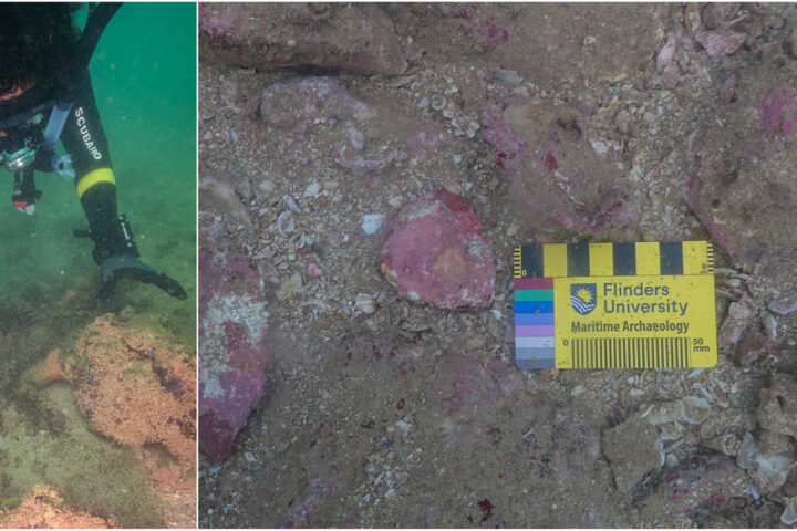 Murujuga Ranger Malik Churnside conducting an archaeological dive in the waters off Western Australia.