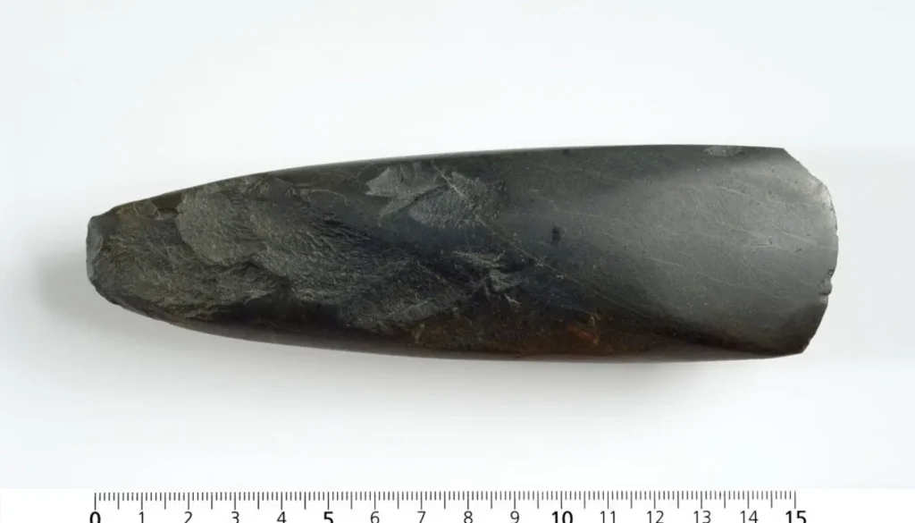 Stone Age greenstone axe of the type produced from stone quarried on Hespriholmen island in western Norway.