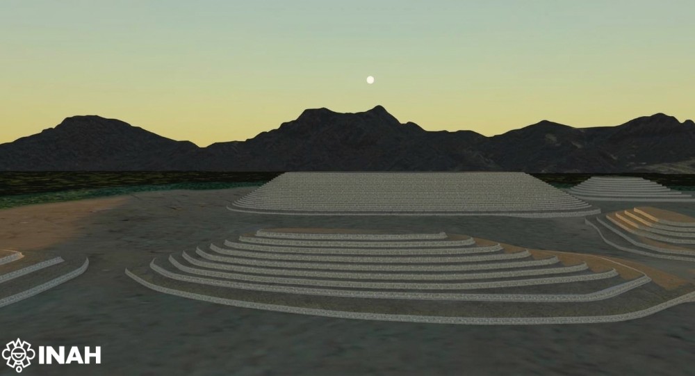 Digital reconstruction of the ancient solar observatory at Teteles de Ávila Castillo, showing stepped ceremonial platforms beneath the sky and a mountainous horizon.